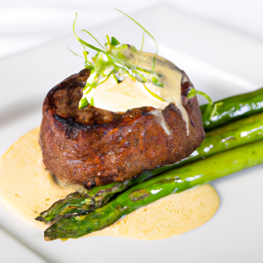 A succulent filet mignon topped with garlic butter sauce, served with roasted asparagus.