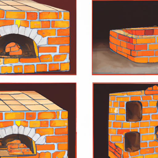 Step-by-step construction of a brick oven, showing the process from building the base to adding insulation.