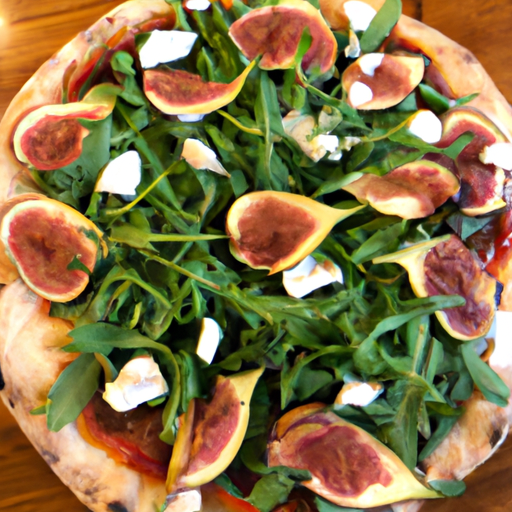 A gourmet pizza with prosciutto, arugula, figs, and goat cheese, showcasing a beautiful blend of flavors.